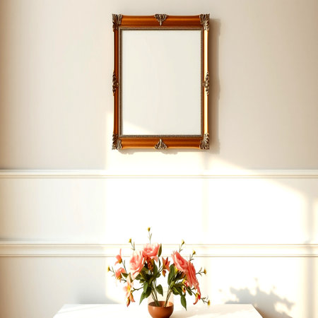 Empty picture frame on the white wall with roses in vase. 3d render