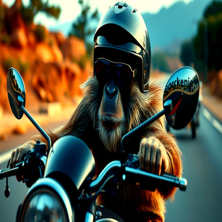 Monkey on a motorcycle on the road. 3d rendering.の写真素材