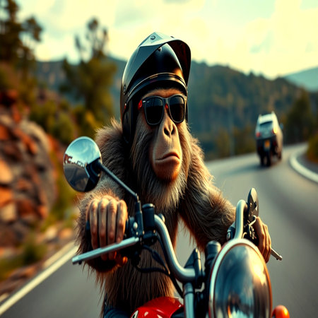 Monkey riding a motorbike on a road in the mountains.の写真素材