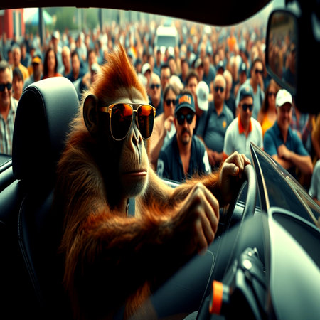 monkey in the car with people in the background. 3d renderingの写真素材