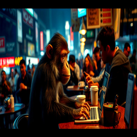 Monkey and a man in a cafe at night with a laptopの写真素材