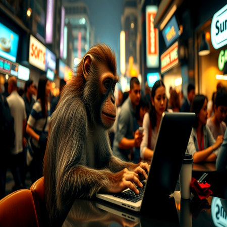 Monkey with laptop in the center of the city at night.の写真素材