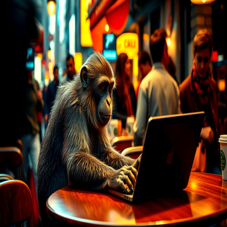 Monkey sitting in a street cafe and working on laptopの写真素材