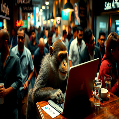 A monkey sits at a table with a laptop.の写真素材