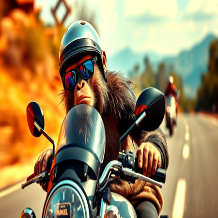 A monkey in a fur coat and helmet on a motorcycle rides on the road.の写真素材