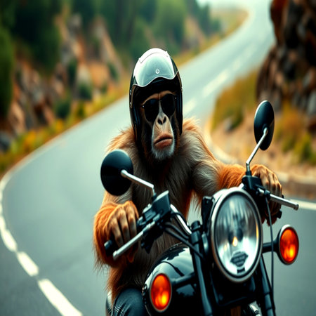 Monkey sitting on a motorcycle on the road in the mountains.の写真素材