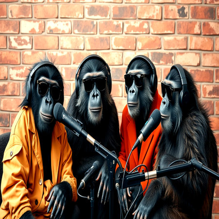Group of monkeys on the background of a brick wall.の写真素材