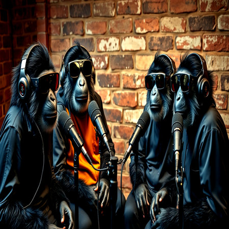 Group of monkeys in headphones with microphone in front of brick wall.の写真素材
