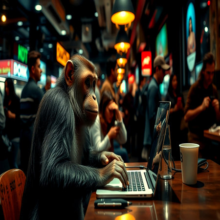 Monkey using a laptop at a coffee shop with people in the backgroundの写真素材
