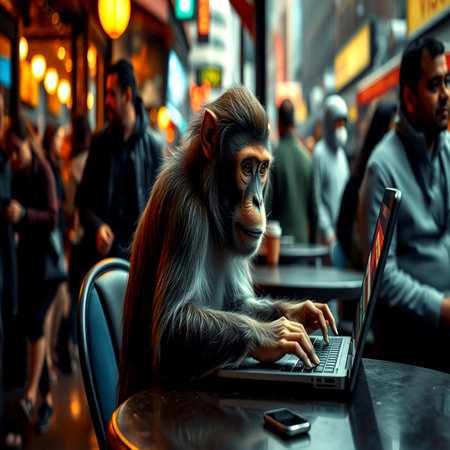 Monkey sitting at a table with a laptop in a cafe.の写真素材