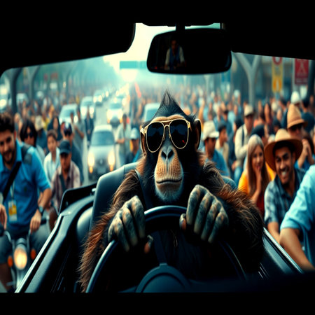 Chimpanzee in the car on the background of the crowdの写真素材