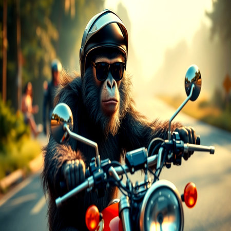 Chimpanzee monkey on a motorcycle on the road in the forestの写真素材