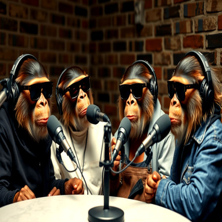 Group of senior women singing karaoke in a recording studio.の写真素材