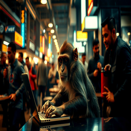 Monkey working on a laptop in a street cafe in Bangkok, Thailandの写真素材