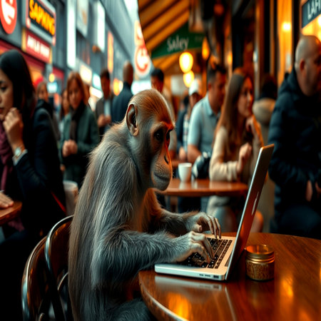 Monkey sitting at a table with a laptop in Barcelona, Spain.の写真素材