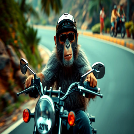 Monkey on a motorcycle on the road.の写真素材