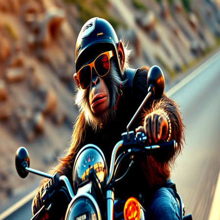 Monkey riding a motorcycle on the highway. Close-up portrait.の写真素材