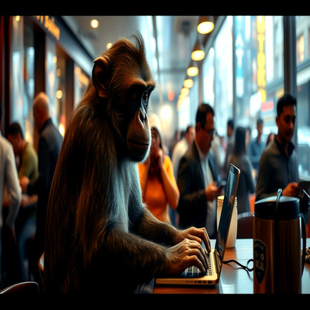 Chimpanzee monkey with a laptop in a coffee shop.の写真素材