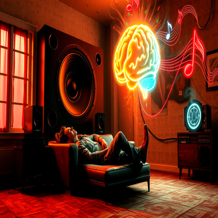Woman listening to music with headphones in the room. 3d renderingの写真素材