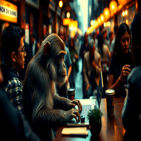 Crowd of people and a monkey with a laptop in a cafe.の写真素材