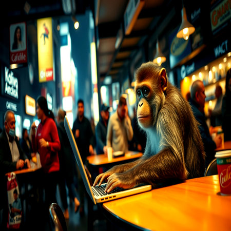The monkey sits at a table with a laptop in front of a cafe.の写真素材