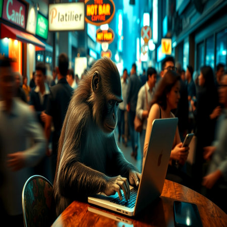 Chimpanzee sitting on a table with a laptop in a city street.の写真素材