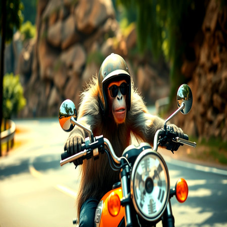 Monkey rides a motorcycle on the road in the park in the summer.の写真素材