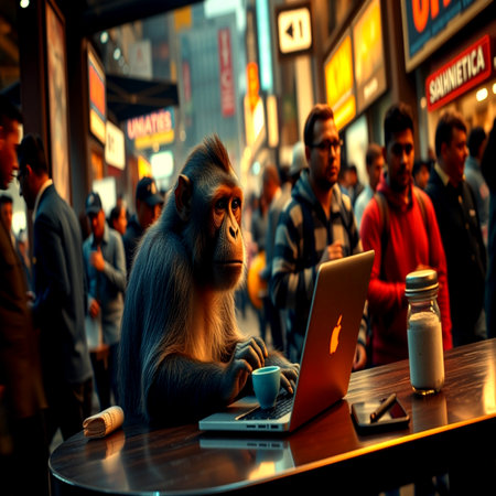 Crowd of people and a monkey with a laptop in a cafeの写真素材