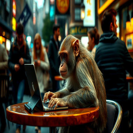 Monkey sitting in a cafe with a laptop in the background.の写真素材