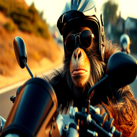 Monkey on a motorcycle in the mountains. Close-up.の写真素材