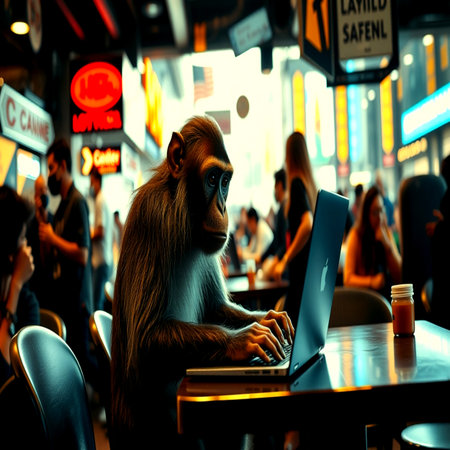 Monkey with a laptop in a cafe in the evening. The concept of work in the city.の写真素材