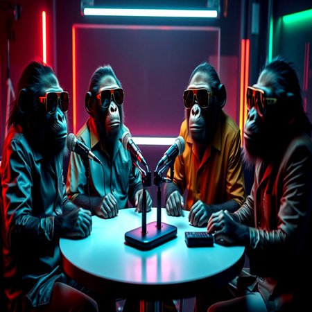 Portrait of a group of young people in dark clothes and 3D glasses.の写真素材