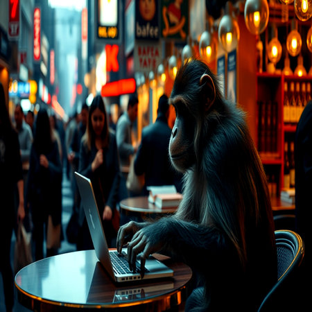 Monkey sitting at a table with a laptop in a cafe.の写真素材