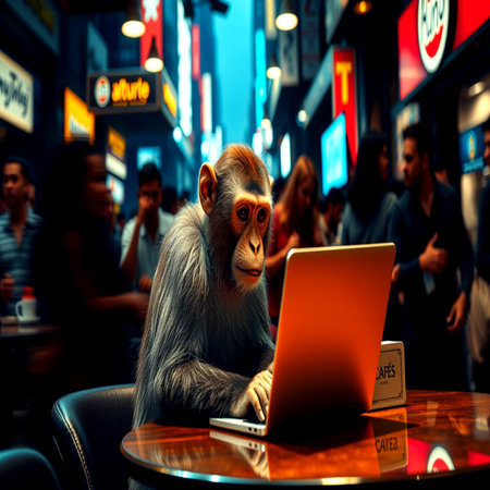 Monkey with a laptop in the night city. Conceptual image.の写真素材