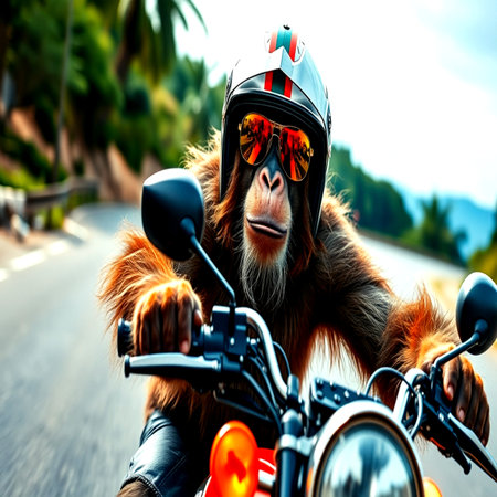 Monkey on a motorcycle. Biker rides on the road.