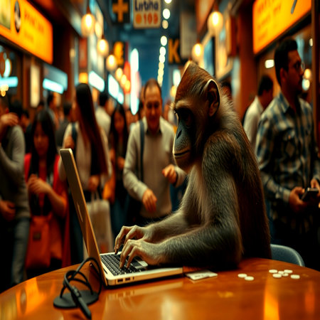 Monkey working on a laptopの写真素材