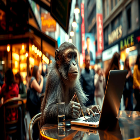 Chimpanzee sits at a table in a cafe with a laptop.の写真素材