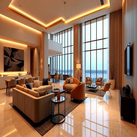 3d rendering luxury hotel lobby and lounge with view on the sea