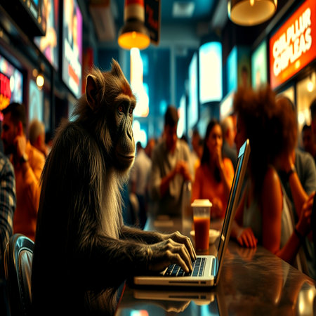 Monkey with a laptop in a cafe. Conceptual image.の写真素材