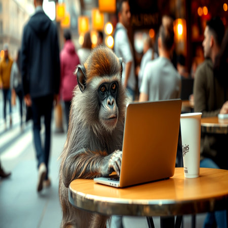 Portrait of a monkey with a laptop in a cafeの写真素材