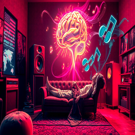 Young woman listening to music at home on a red sofa. 3d renderingの写真素材