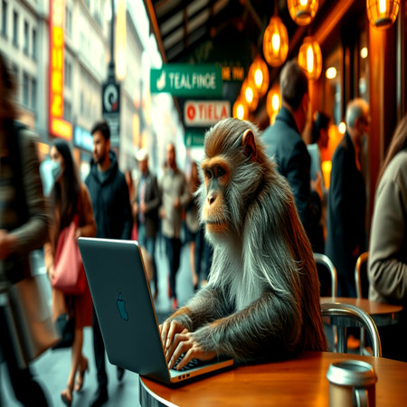 Monkey with a laptop on the street.の写真素材