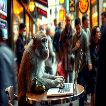 A monkey sits in a cafe and works on a laptop in the city.の写真素材