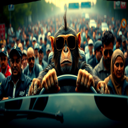 View of a crowd of people with a monkey driving a car in the middleの写真素材