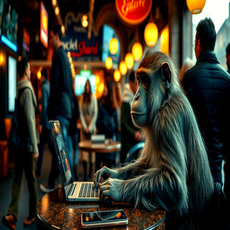 A monkey sits at a table in a cafe and works on a laptop.の写真素材