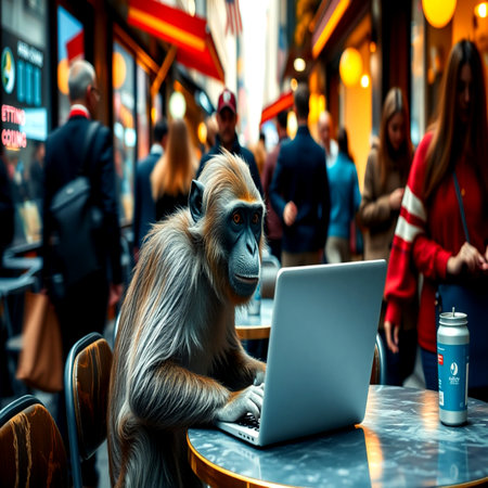 Monkey sitting at a table in a cafe with a laptop.の写真素材