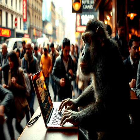 Monkey with a laptop on the street in Paris, France.の写真素材