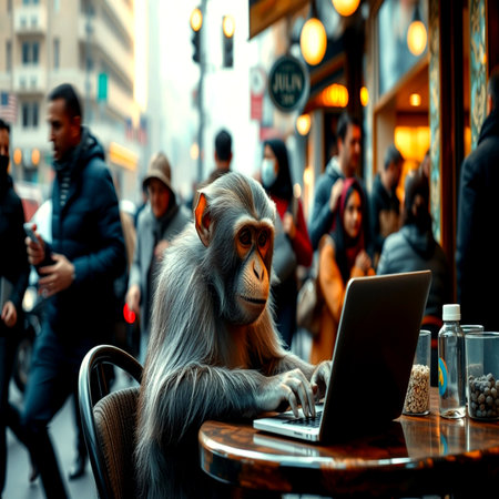 Monkey sitting in a cafe with a laptop in Paris, Franceの写真素材