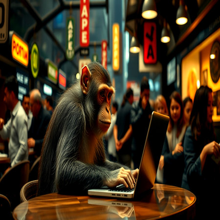 Monkey with laptop in a cafe in Hong Kong, China.