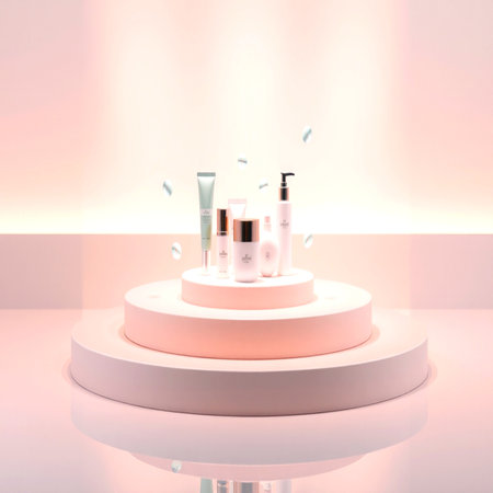 3d rendering of cosmetic products on podium in white room. Mock up